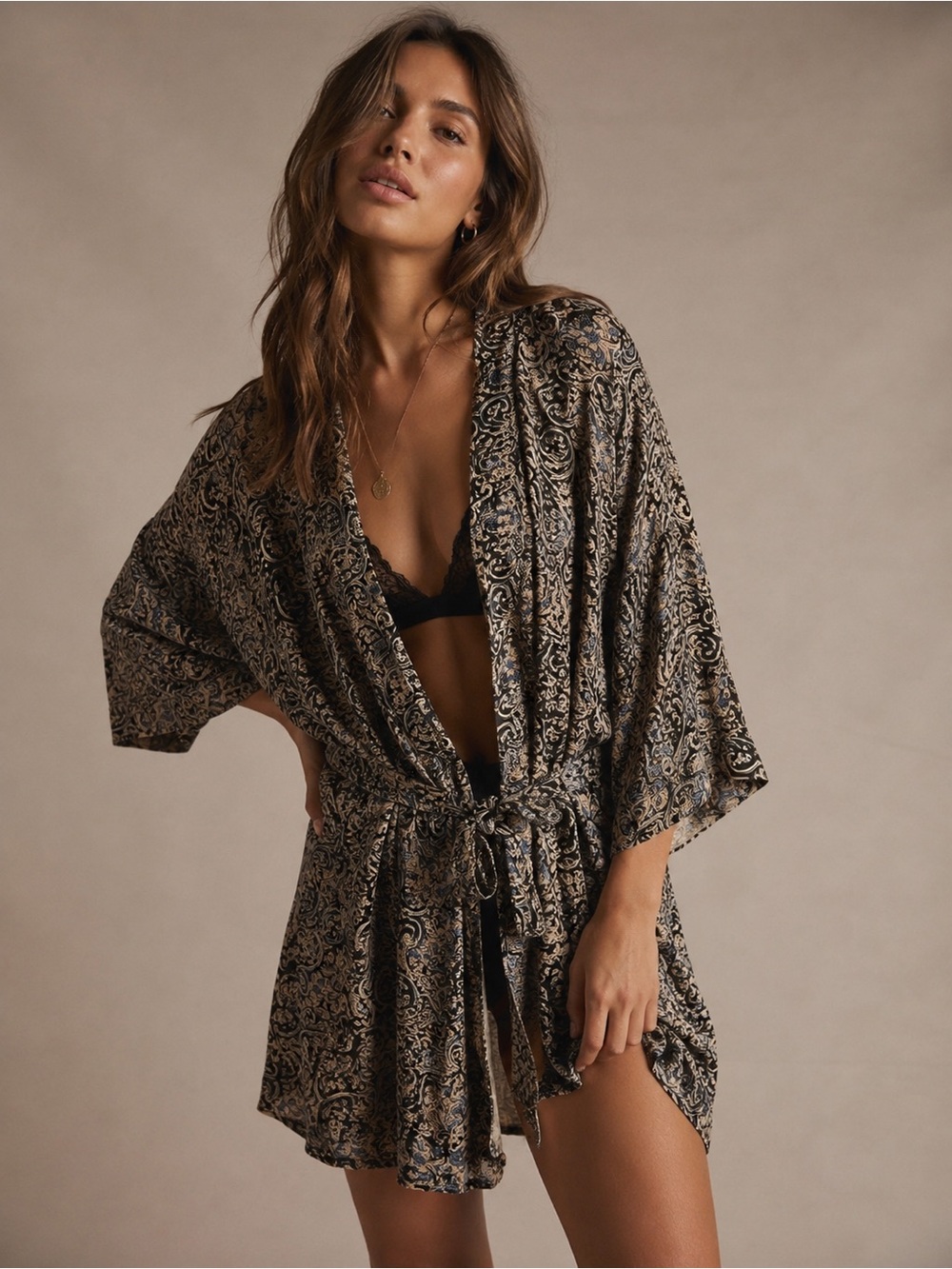 Free People Vintage Inspired Paisley Duster Kimono Robe With Tie